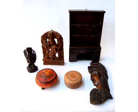 A selection of wooden items, including a hand carved wooden box, a hand painted trinket box, together with three oriental scu