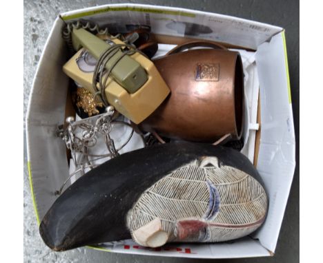 A mixed lot including retro/vintage telephone, copper pot, African mask, and other items