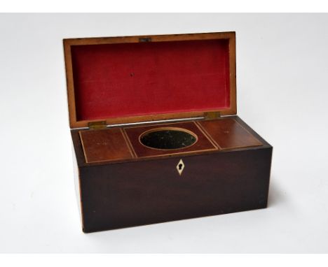 Antique sarcophagus tea caddy with original glass mixing bowl, mahogany with rosewood inlay