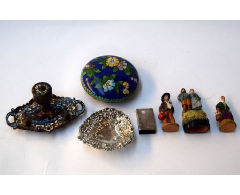 A mixed lot, to include three Breton figures, sterling silver bon bon match holder, small tray, together with an oriental dis