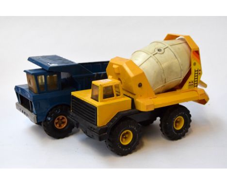 A vintage blue Tonka dumper truck together with a Tonka cement mixer