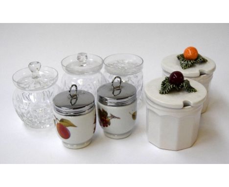 A mixed lot including three crystal glass sugar jars (one marked Galway, one Thomas Webb), two ceramic conserve pots, and two