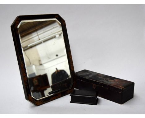 A japanned dressing mirror with ebony trinket box and Japanese laquered box decorated with figures, bird, and clouds