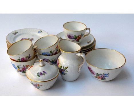 A collection of Royal Copenhagen 493 'Saxon Flower' china, including teacups (5) and saucers (6), side plates (6), sugar bowl