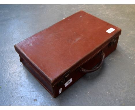 Vintage leather suitcase,  40 x 25 x 12 cmH, together with a metal 'Blue Bird confectionery' box and three other items (5)