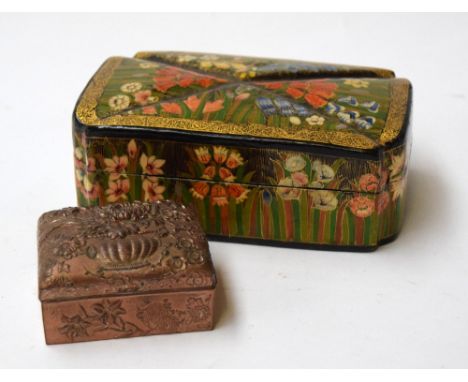 Wooden trinket box painted with floral pattern and small metal box
