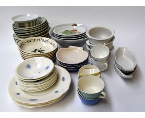 A lot of china including six Adderleys saucers, four Emile Henry blue scallop dishes, six pasta bowls with olive decoration, 