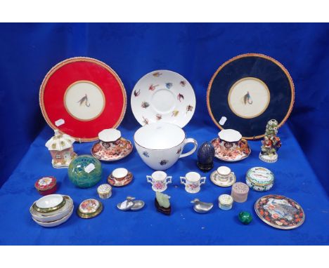 FISHING FLIES DECORATED CUP, SAUCER, PLATES and a collection of enamel boxes, Stafforshire models, miniature ceramics and a M