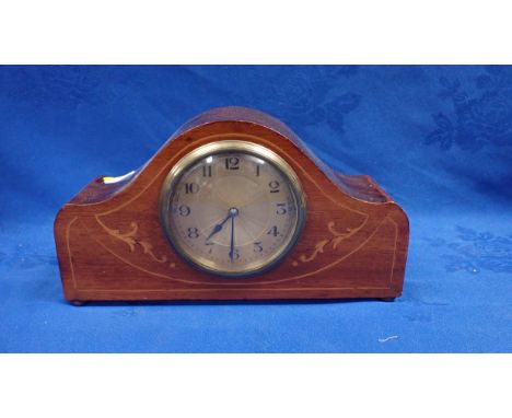AN EDWARDIAN INLAID MAHOGANY MANTEL CLOCK with French movement (needs attenion)