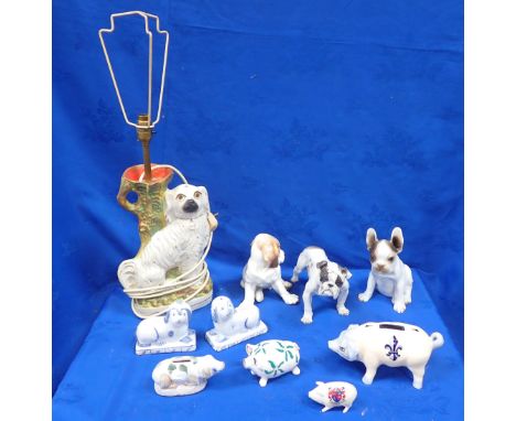 A COLLECTION OF CERAMIC ANIMALS including two Rosenthal bulldogs, several pigs and a Staffordshire dog lamp, French bulldog 1