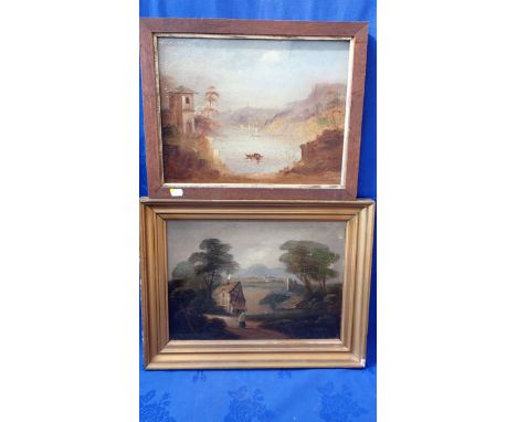 A 19TH CENTURY NAIEVE OIL ON PANEL PAINTING a Continental lake scene, and a similar oil on board landscape (2)