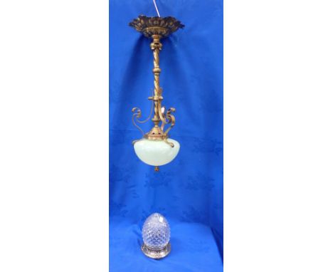 AN ART NOUVEAU HANGING LAMP WITH VASELINE SHADE in Benson style (originally gas) 52cm, and a cut glass Neoclassical pendant l