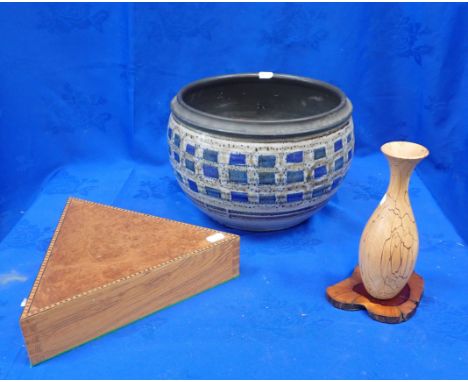 A STUDIO POTTERY PLANTER, MAKER VM with a triangular craft made wooden box, a craft wood vase in spalted beech and a wood coa