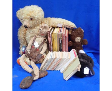 A COLLECTION OF CHILDREN'S BOOKS with a large and much loved Chad Valley teddy and other stuffed toys