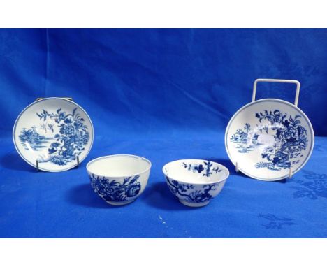 TWO CAUGHLEY BLUE AND WHITE TEABOWLS AND SAUCERS late 18th century