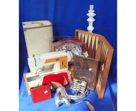 A FRISTER AND ROSSMANN MODEL 45 SEWING MACHINE and other items, a gingerbread mould, a backgammon set, a mincer and a turned 