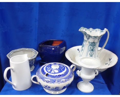 A WASHSTAND JUG AND BASIN (not matching), a Willow covered dish and a collection of house and garden wares