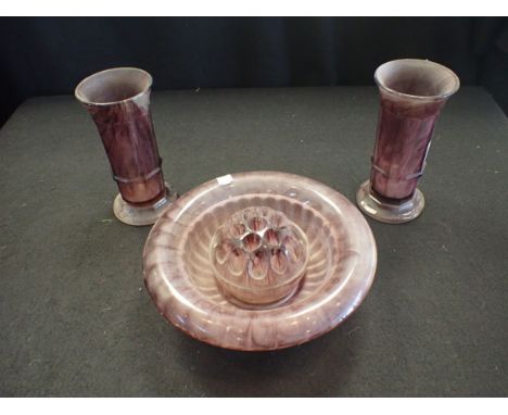 ART DECO AMETHYST CLOUD GLASS FLOWER ARRANGING SUITE bowl, stand, stem holder and two vases and another stem holder