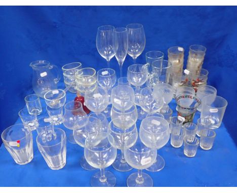 A COLLECTION OF TABLE AND DOMESTIC GLASS including golf and hunting shots wine and spirit glasses etc