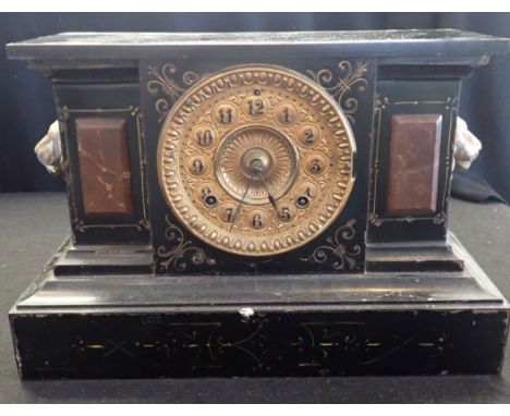 AN AMERICAN ANSONIA STRIKING MANTEL CLOCK in late 19th century classical style faux slate cast-iron case 38cm wide