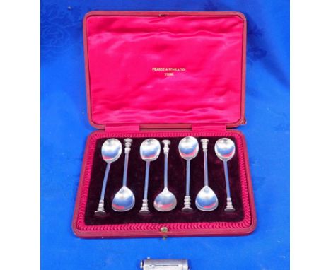 A SET OF SIX SILVER SEAL-TOP TEASPOONS cased, by Pearce &amp; Sons, York, and a silver-cased pencil, button hook etc with eng