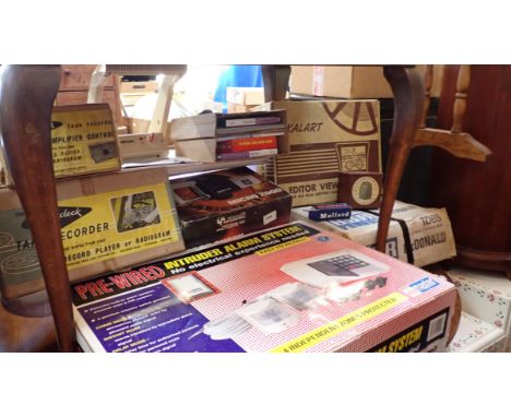 A VINTAGE 'CRAMDECK' TAPE RECORDER AND CONTROL (boxed), a steam press, a boxed alarm system, and sundries