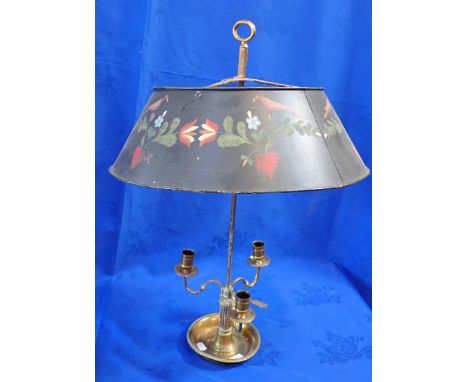 A BRASS THREE-LIGHT CANDLE LAMP WITH PAINTED TOLE SHADE (damaged)