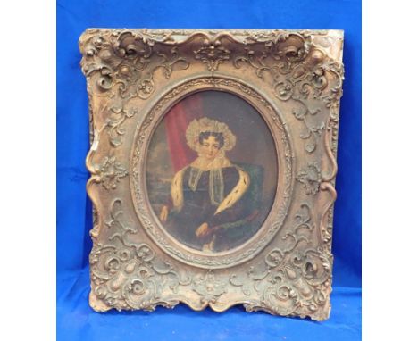 PORTRAIT OF A LADY IN LACE SHAWL AND BONNET oil on board, 19th century in gilt frame with oval aperture 39 x 44cm
