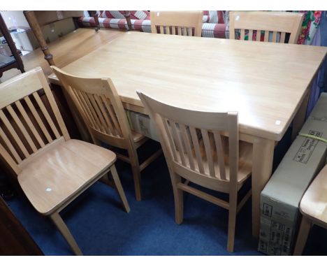 A MODERN LIGHT WOOD DINING TABLE AND EIGHT CHAIRS some scuffs and wear (two chairs flat-packed in original box)