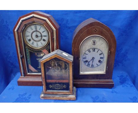 A 1920S MAHOGANY CASED MANTEL CLOCK with silvered dial and Westminster chime, and two other mantel clocks (all need attention