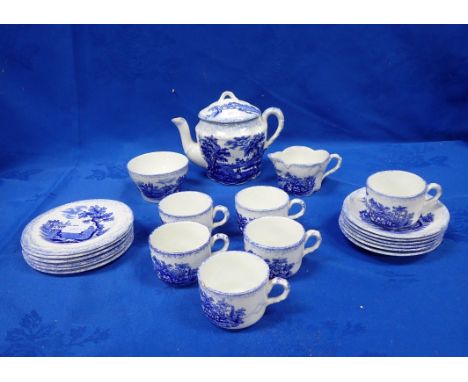 A RIDGWAY MINIATURE TEA SERVICE for six, printed in blue with scenes from Dickens Old Curiosity Shop, c1910 (with three extra