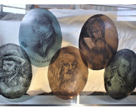 PAINTED GLASS OVAL PORTRAITS of famous historical figures; Dickens, Vincent Van Gogh, Leonardo da Vinci, Mozart and Galileo (