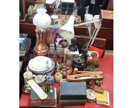 A NOVELTY SHIP'S WHEEL NUTCRACKER 'Gold Top 1971', an Anglepoise type lamp (dented shade), a pottery clock case (no movement)