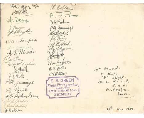 Multiple signed 1939 WW2 photo of the E flight of 26 sqn RAF North Coats, signed on back by 29 members, inc P Fox, PM Jenning