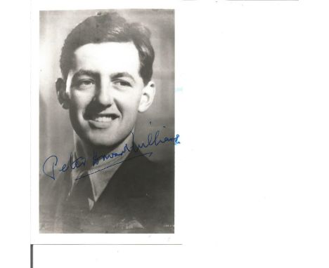 Peter Howard Williams 19 Sqn Battle of Britain signed small b/w portrait photo, he has written on back taken during filming o