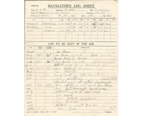 Michael Duke Doulton rare Battle of Britain 601 sqn autograph hand written 1936 Navigators Log sheet for k4500 flight, writte