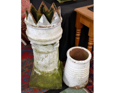 Architectural salvage - a crown top chimney pot 89cm high; another ribbed cylindrical chimney pot, 41cm high (2)