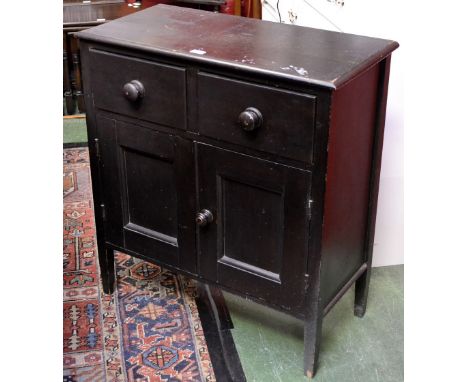 A 1930/40's painted pine kitchen cupboard, oversaling top, two short drawers, button handles over two door cupboard. 85cm hig
