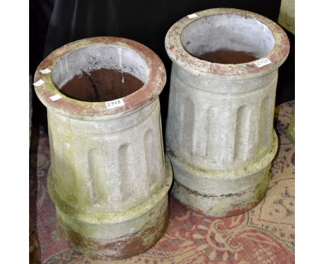 Architectural salvage - Two circular chimney pots with fluted sides, circa 1920. 50cm high x 32cm diameter.
