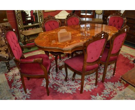 A reproduction inlaid dining table, serpentine top, acanthus carved baluster column, four cabriole legs; six button back dini