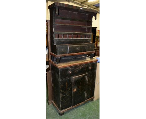 Continental painted pine dresser, projecting cornice, two shelves over stepped shelf and short drawer to top, long drawer ove