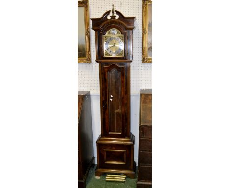 A contemporary longcase clock, flame mahogany veneer, FHS, Germany movement, broken swan neck pediment, gilt metal finial, ar