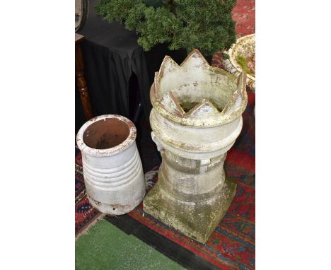 Architectural salvage - a crown top chimney pot 77cm high; another ribbed cylindrical chimney pot, 41cm high (2)