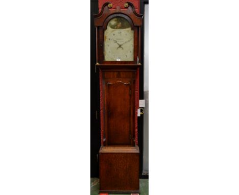 A Regency oak longcase clock, arched painted dial with bucolic scene of a shepherdess with child, seated in a landscape with 