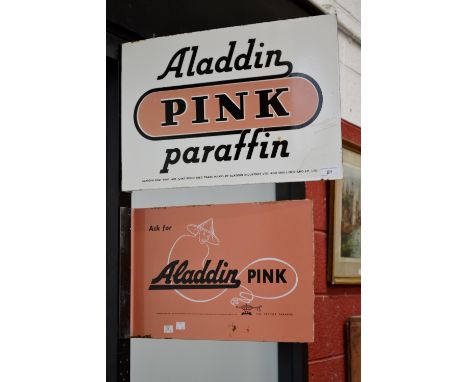 Advertising - an Aladdin Pink Paraffin rectangular enamel sign, double-sided and with roadside suspension bar, 30cm high, 46c