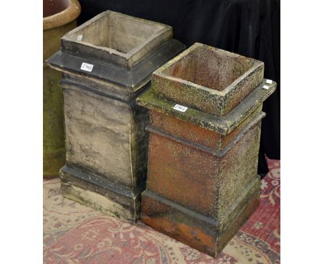 Architectural salvage - a reconstituted stone chimney pot of spreading square form. 62cm high x 33cm square; another, terraco