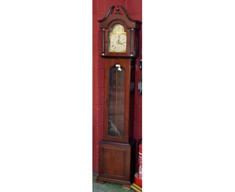 A contemporary Westminster, Germany, mahogany longcase clock, arched dial, gilt metal spandrels, Roman numerals, glazed door 