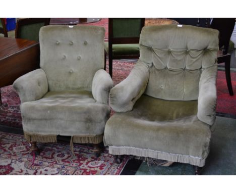 A Victorian  button back armchair, padded arms, stuffed overseat, turned forelegs, ceramic casters; another, scrolling arms, 