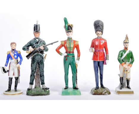 A collection of x5 20th century Dresden / Sitzendorf and other similar style ceramic figures of soldiers in dress uniform. Th