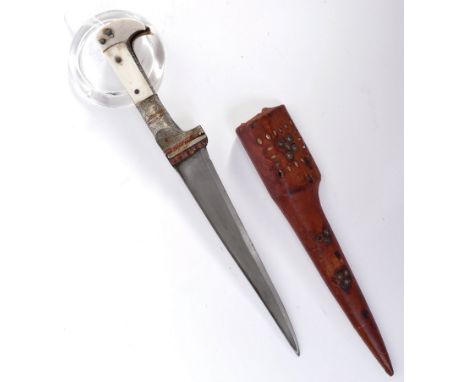 An antique 19th century Indo-Persian / Afghan Choora knife or Pesh-kabz dagger. Shaped bone grips, with white metal mount eng